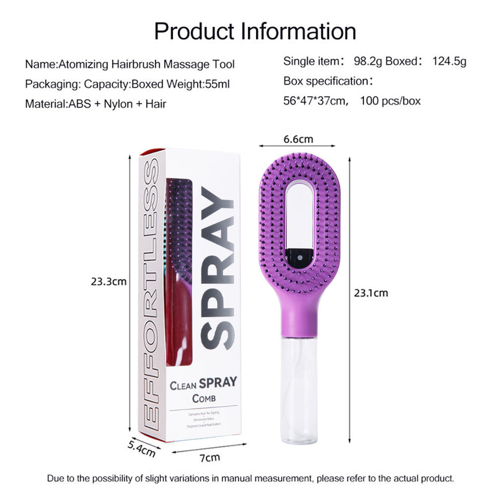 2-in-1 Fine Mist Spray Hair Brush, Refillable Water Hydration Detangling Comb, Bristle-Free Anti-Frizz Massage Hairbrush, Anti-Static Portable Hairstyling Tool for Dry Frizzy Curly Hair Volumizing