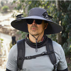 Large Size Quick-Dry Sun Hat, Solar & USB Rechargeable Cooling Fisherman Hat, Adjustable Wide Brim Dual Fan Hat, UV Protection Portable Wearable Fan Cap for Fishing Hiking Camping Summer Outdoor Travel