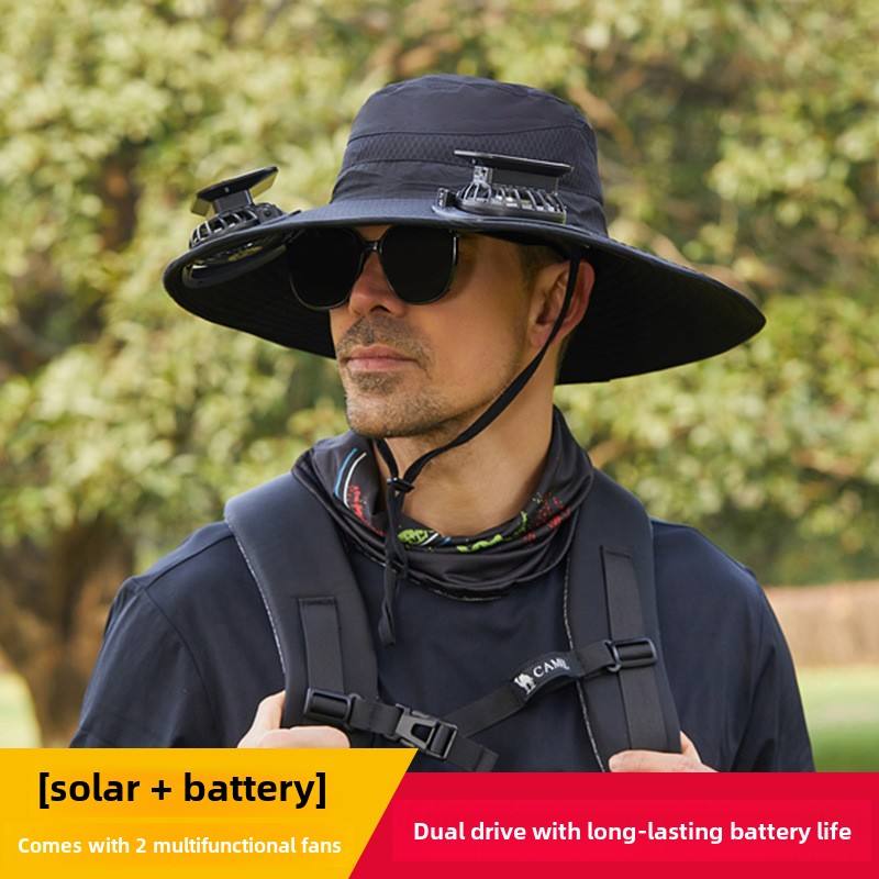 Large Size Quick-Dry Sun Hat, Solar & USB Rechargeable Cooling Fisherman Hat, Adjustable Wide Brim Dual Fan Hat, UV Protection Portable Wearable Fan Cap for Fishing Hiking Camping Summer Outdoor Travel
