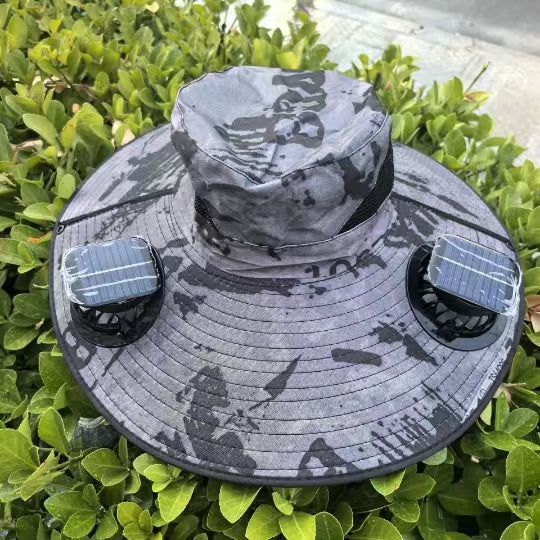 Large Size Quick-Dry Sun Hat, Solar & USB Rechargeable Cooling Fisherman Hat, Adjustable Wide Brim Dual Fan Hat, UV Protection Portable Wearable Fan Cap for Fishing Hiking Camping Summer Outdoor Travel