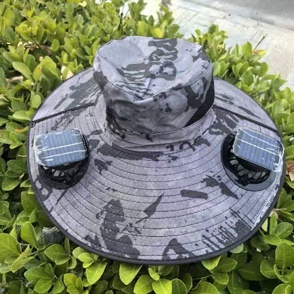 Large Size Quick-Dry Sun Hat, Solar & USB Rechargeable Cooling Fisherman Hat, Adjustable Wide Brim Dual Fan Hat, UV Protection Portable Wearable Fan Cap for Fishing Hiking Camping Summer Outdoor Travel