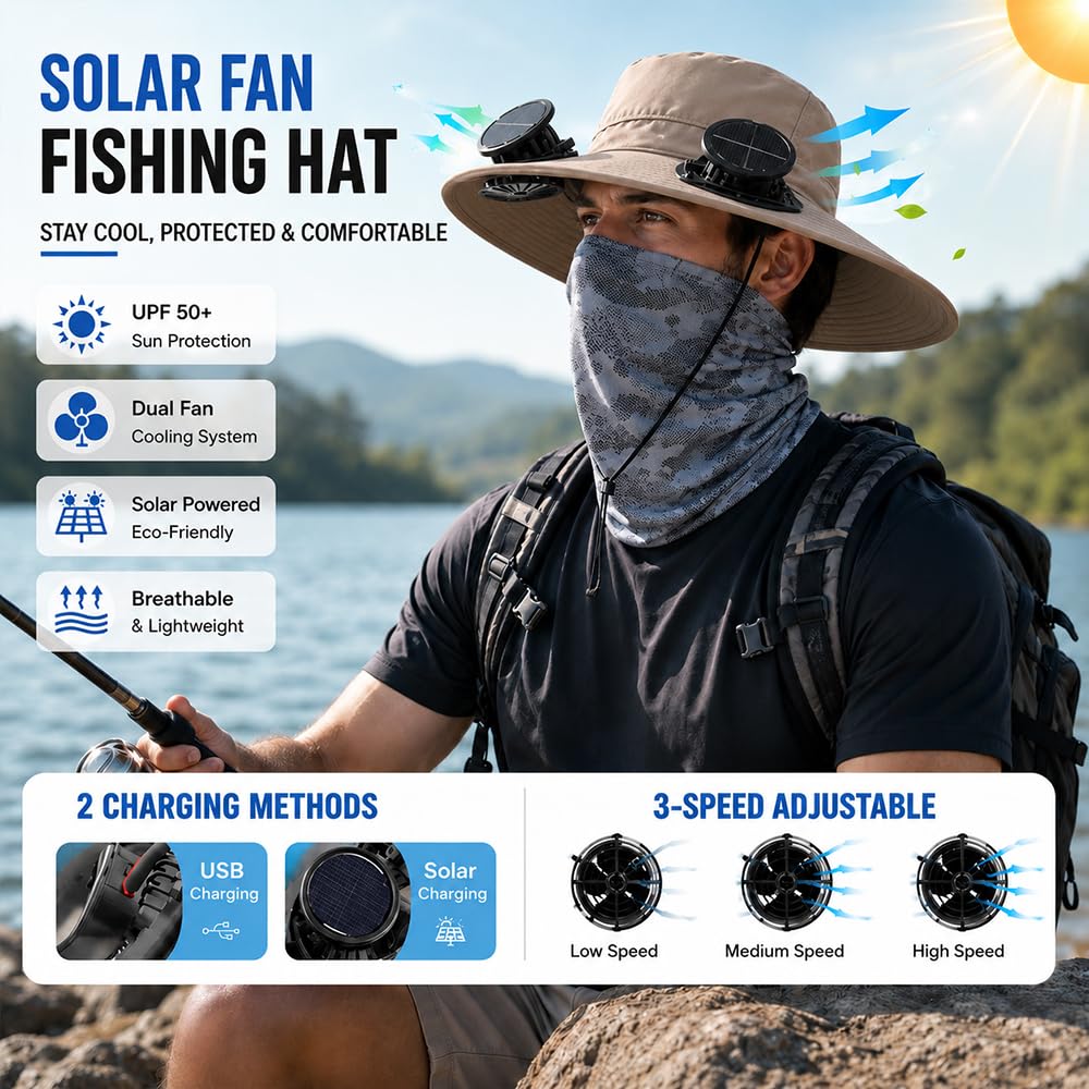 Large Size Quick-Dry Sun Hat, Solar & USB Rechargeable Cooling Fisherman Hat, Adjustable Wide Brim Dual Fan Hat, UV Protection Portable Wearable Fan Cap for Fishing Hiking Camping Summer Outdoor Travel