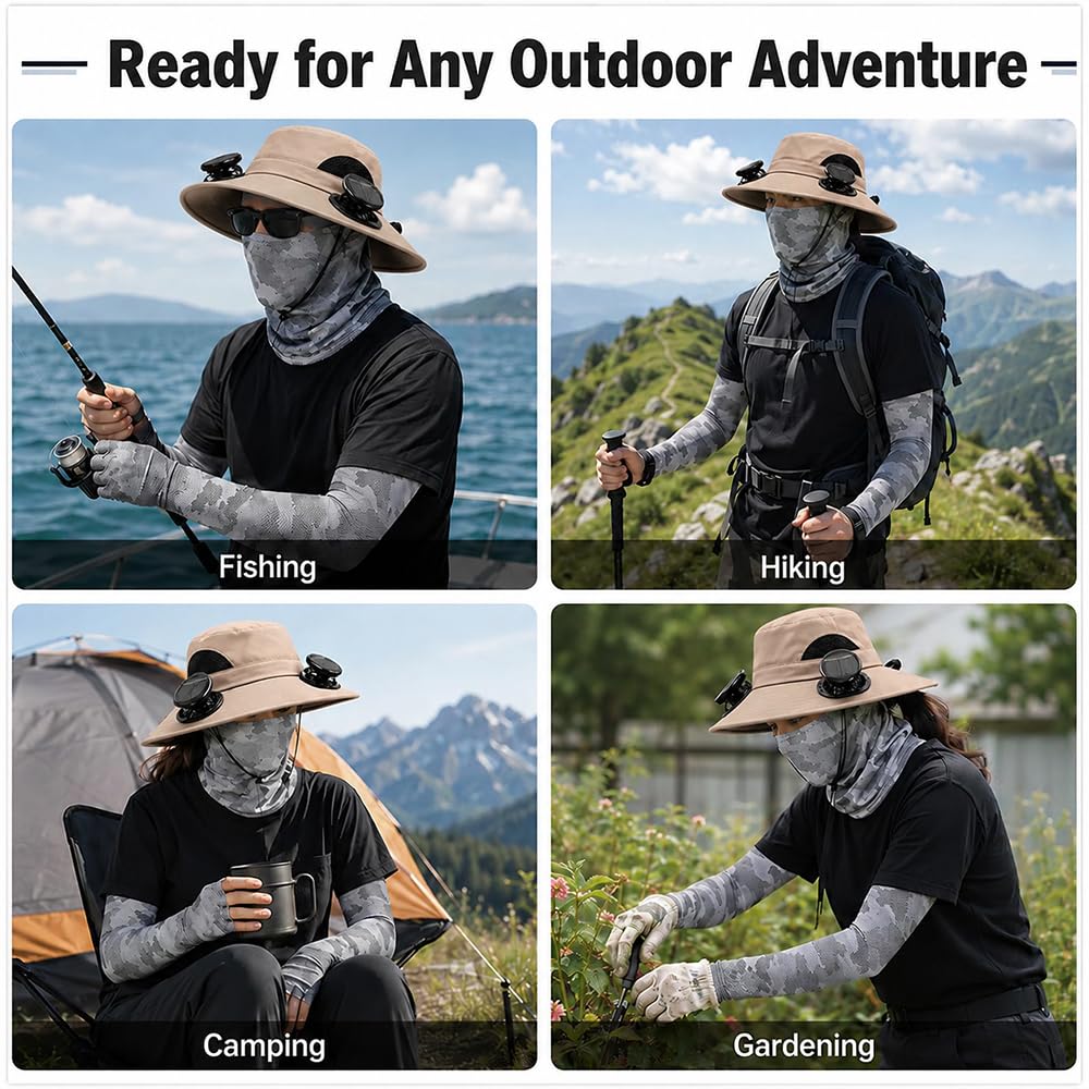 Large Size Quick-Dry Sun Hat, Solar & USB Rechargeable Cooling Fisherman Hat, Adjustable Wide Brim Dual Fan Hat, UV Protection Portable Wearable Fan Cap for Fishing Hiking Camping Summer Outdoor Travel