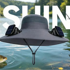 Large Size Quick-Dry Sun Hat, Solar & USB Rechargeable Cooling Fisherman Hat, Adjustable Wide Brim Dual Fan Hat, UV Protection Portable Wearable Fan Cap for Fishing Hiking Camping Summer Outdoor Travel