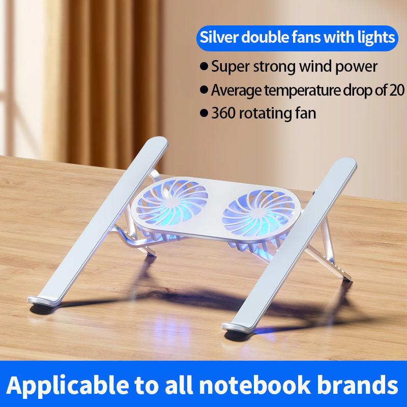 Portable Foldable Dual Fan Cooling Laptop Stand, Aluminum Alloy Height Adjustable Notebook Holder, Anti-Slip Ergonomic Desktop Support Bracket, Universal Cooling Stand for Laptop & Tablet
